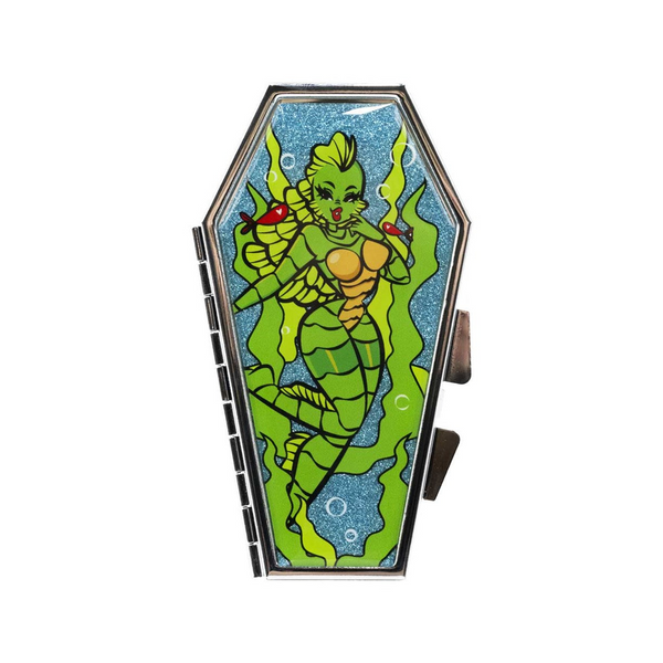 Creature Girl Glitter Coffin Compact, coffin-shaped compact mirror with glitter creature girl art