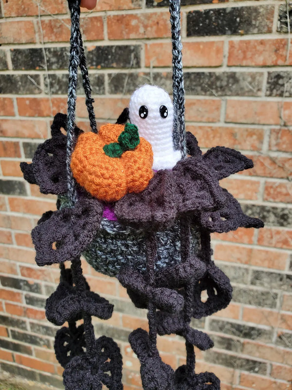 Crochet Haunted Pumpkin Patch Hanging Plant - Halloween Home Decor