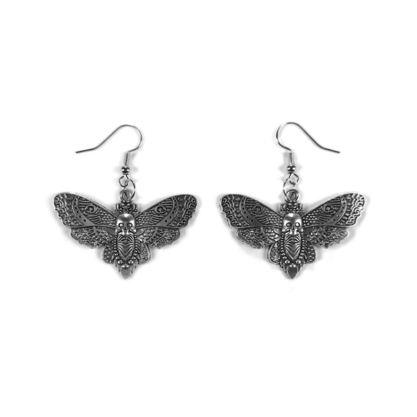 Hollow-Wing Death's-Head Moth Earrings, thin silver-tone skull-moth dangle earrings with hollowed-out backs, on fish-hook wires