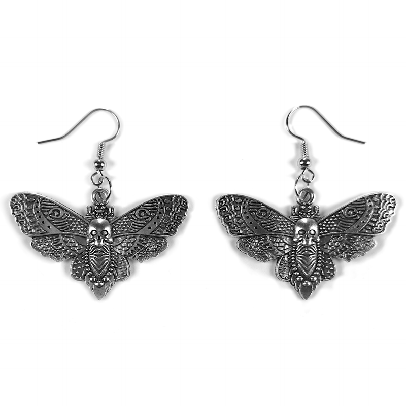 Hollow-Wing Death's-Head Moth Earrings, thin silver-tone skull-moth dangle earrings with hollowed-out backs, on fish-hook wires