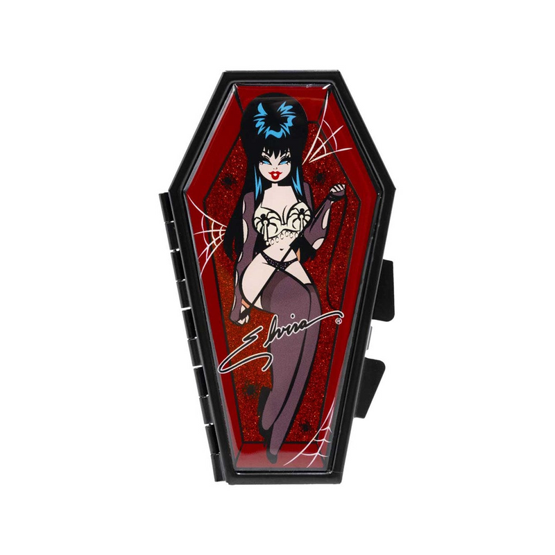 Elvira Spider Red Glitter Coffin Compact, coffin-shaped compact mirror with red glitter spider art