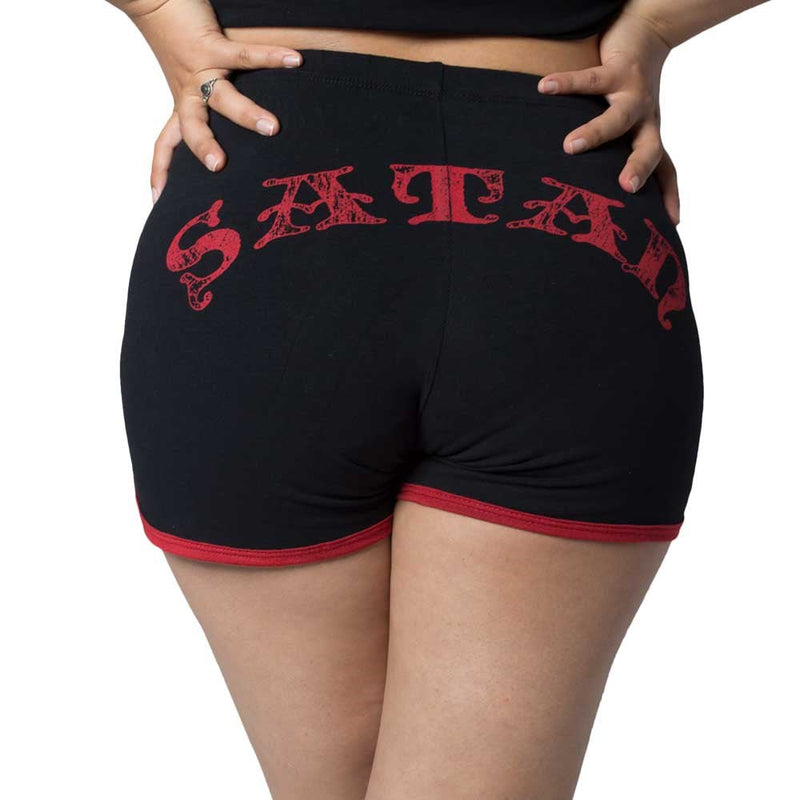 Satanic Goat Women's Booty Shorts, black shorts with a goat head pentagram print and red piping