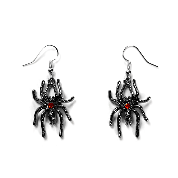Gothic Spider Drop Earrings, dangling spider charms on fish-hook wires