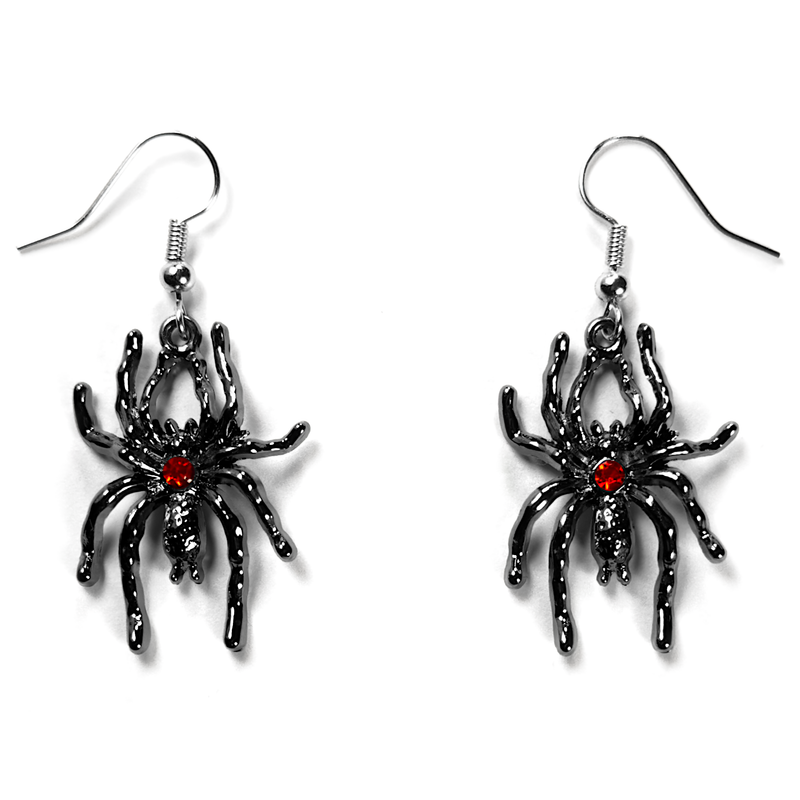 Gothic Spider Drop Earrings, dangling spider charms on fish-hook wires