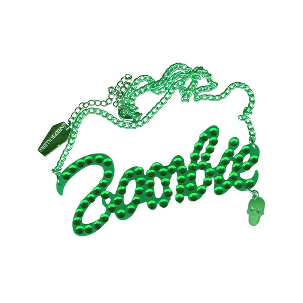 Green Diamonte Zombie Necklace, acid green zombie doll pendant with rhinestones