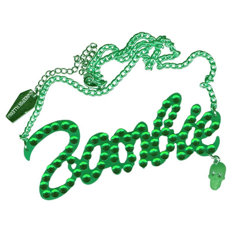 Green Diamonte Zombie Necklace, acid green zombie doll pendant with rhinestones