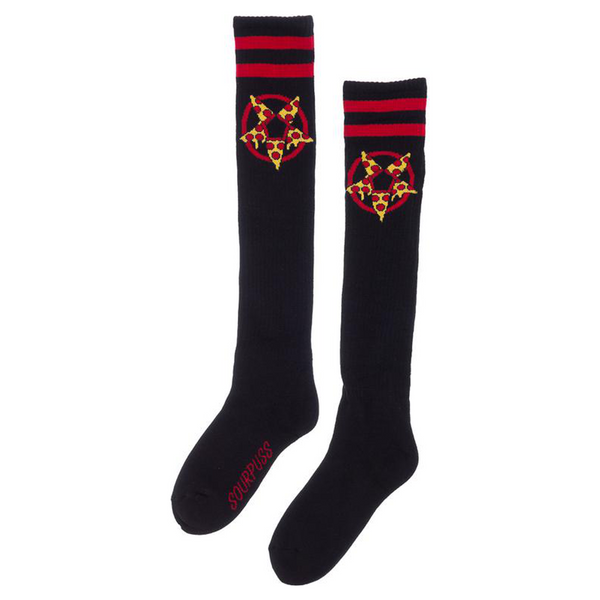 Hail Pizza Socks, black athletic socks with top stripes and a pizza pentagram