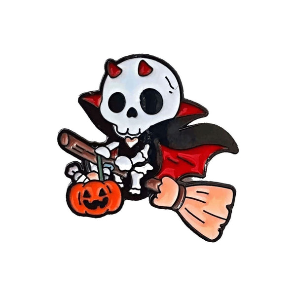 Skeleton on Broomstick Enamel Pin