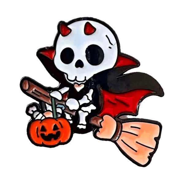 Skeleton on Broomstick enamel pin — Spooky Stitchcrafts