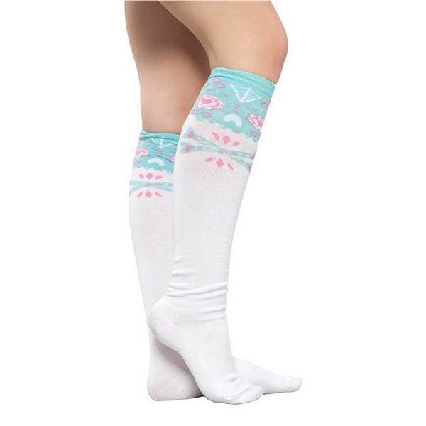 Pastel Sugar Skull Knee High Socks, white knee socks with a pastel blue and pink sugar skull
