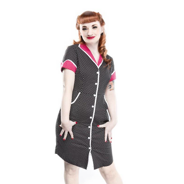 Peggy Sue Polka Dot Diner Dress, black and white polka dot dress with pink collar