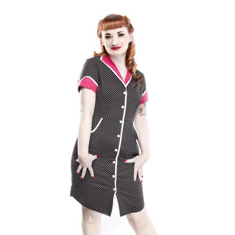 Peggy Sue Polka Dot Diner Dress, black and white polka dot dress with pink collar