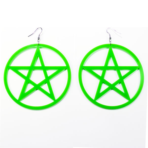 Pentagram star hoop earrings in neon green acrylic