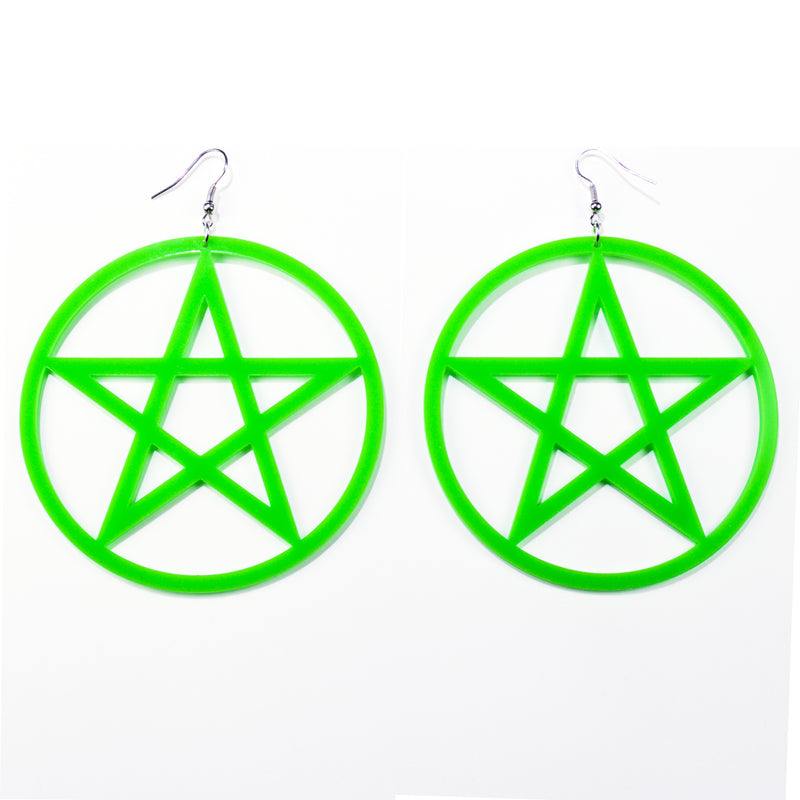 Pentagram star hoop earrings in neon green acrylic