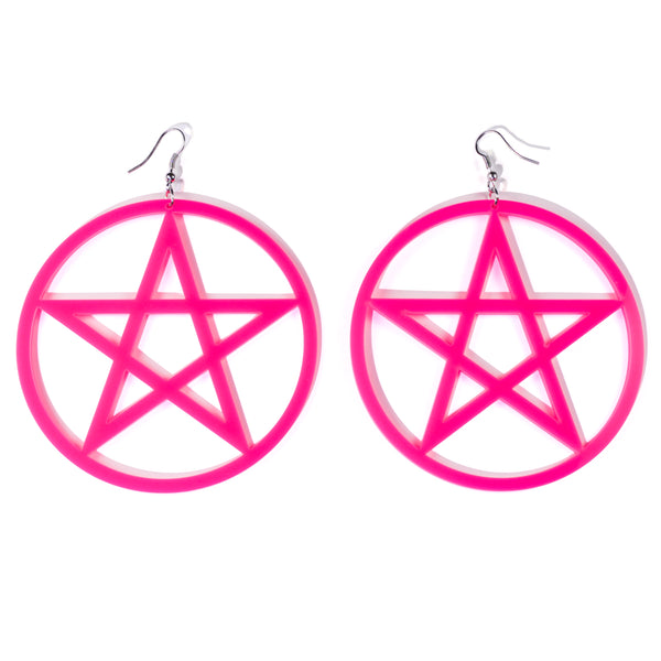 Pentagram star hoop earrings in neon pink acrylic