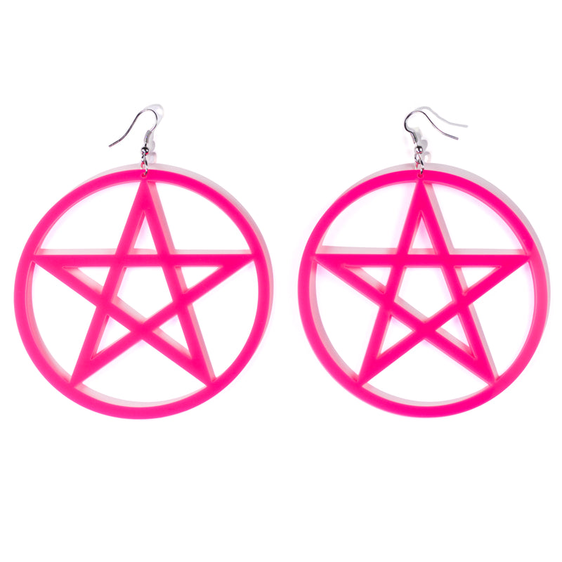 Pentagram star hoop earrings in neon pink acrylic