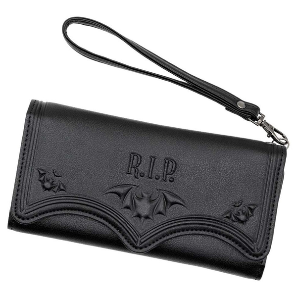 RIP Bat Embossed Trifold Wallet, black vegan leather trifold wallet with embossed bat and RIP lettering