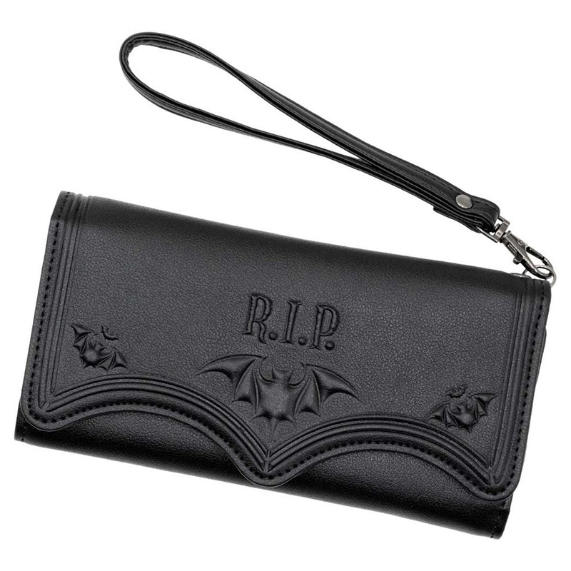 RIP Bat Embossed Trifold Wallet, black vegan leather trifold wallet with embossed bat and RIP lettering
