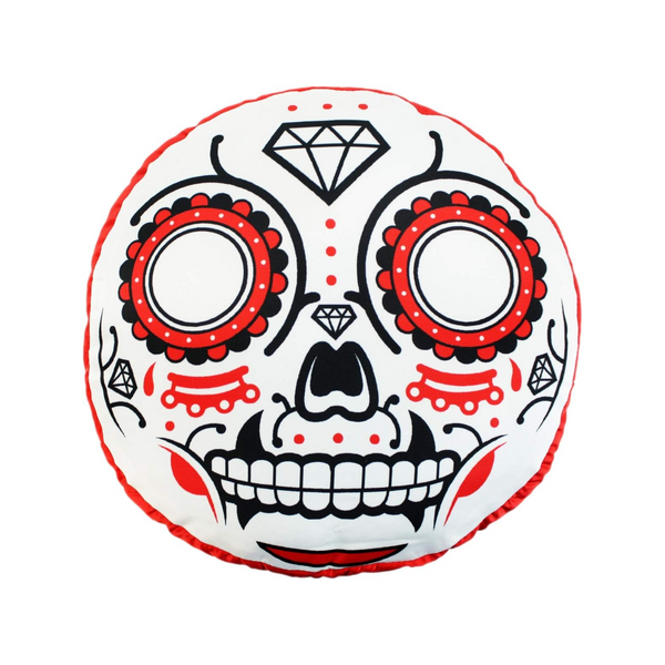 Red Sugar Skull Round Throw Pillow