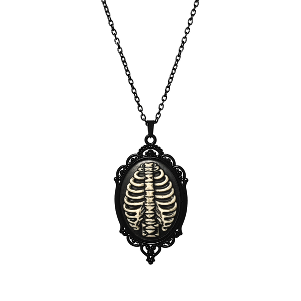 Ribcage Cameo Necklace, off-white rib cage on a black cameo