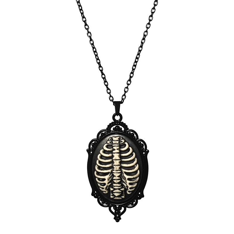 Ribcage Cameo Necklace, off-white rib cage on a black cameo