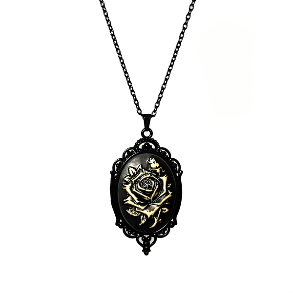 Black Rose Cameo Necklace, black rose framed in a cameo