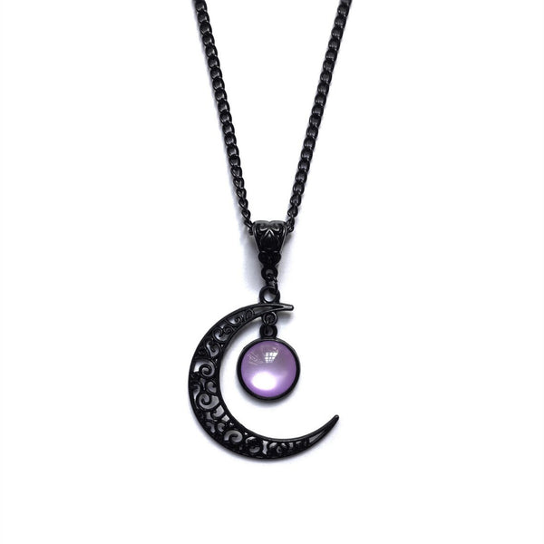 Widow's Moon Marrow Bruise necklace, black filigree crescent moon with purple orb