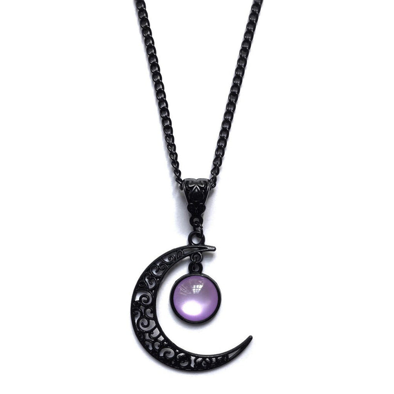 Widow's Moon Marrow Bruise necklace, black filigree crescent moon with purple orb