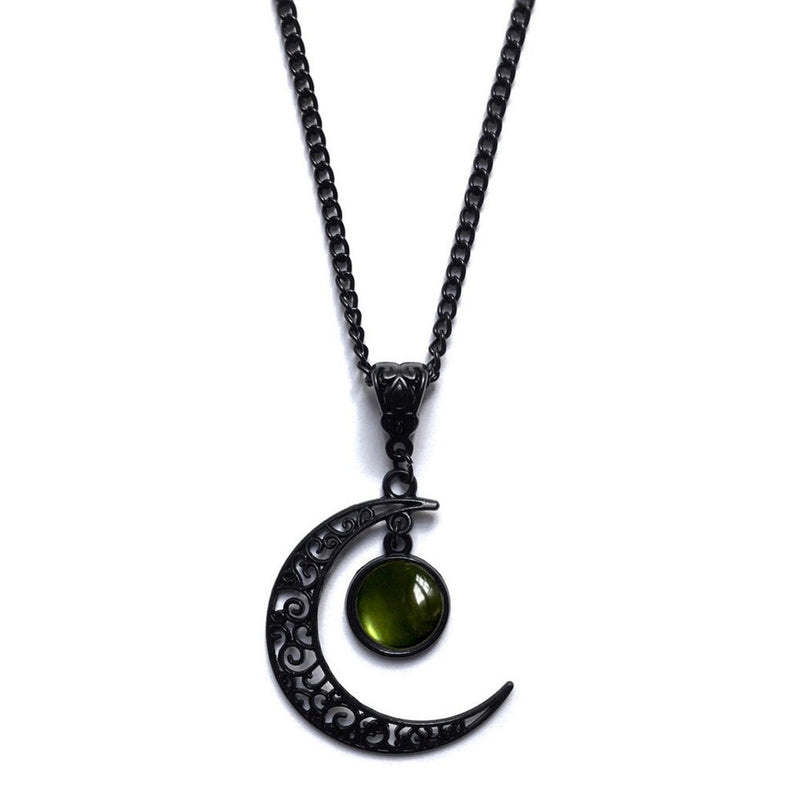 Widow's Moon Marrow Rot necklace, black filigree crescent moon with green orb