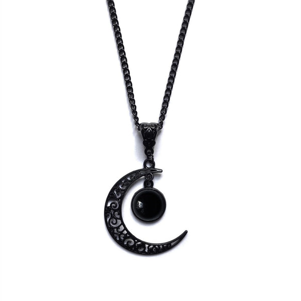 Widow's Moon Marrow Void necklace, black filigree crescent moon with black orb