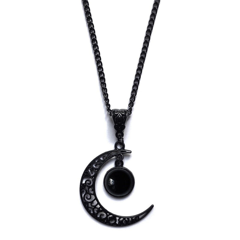 Widow's Moon Marrow Void necklace, black filigree crescent moon with black orb