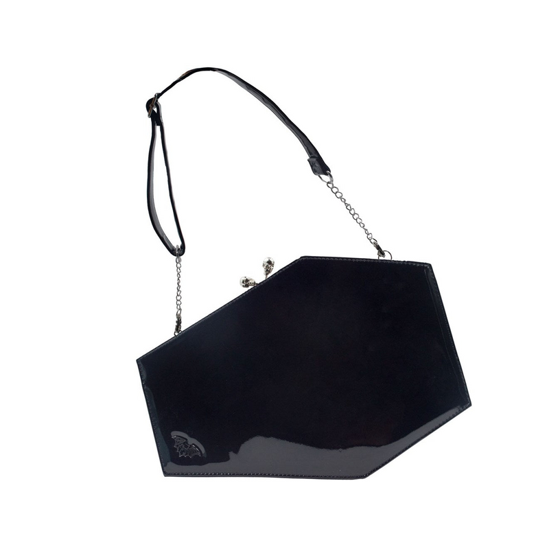 Skull Kiss Lock Deluxe Patent Coffin Handbag, coffin-shaped patent handbag