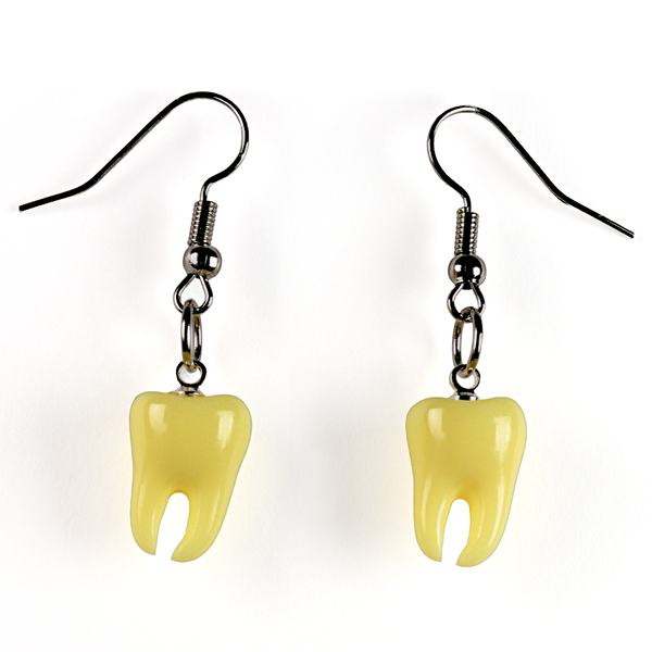 Dentata teeth drop earrings in silver, resin fangs on stainless steel findings