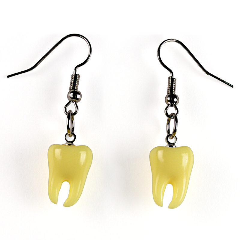 Dentata teeth drop earrings in silver, resin fangs on stainless steel findings