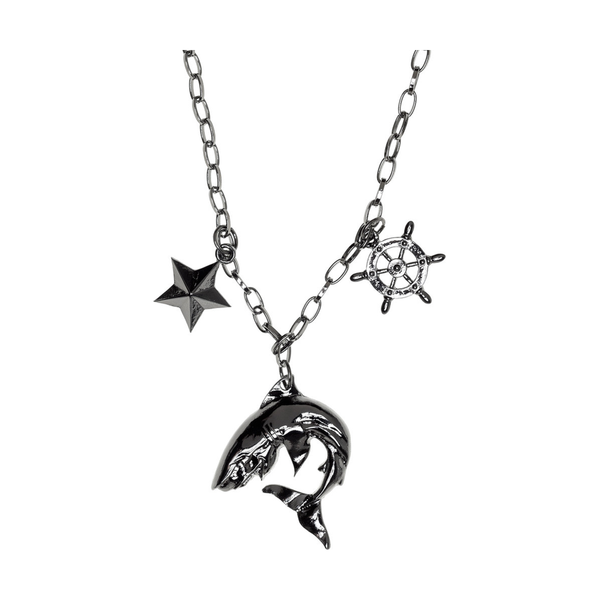 Shark Charm Necklace with a shark, ship's wheel and nautical star