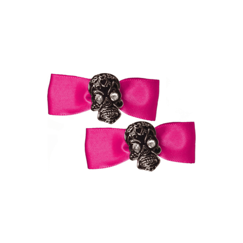 Pink Satin Bow Skull Gem Barrettes