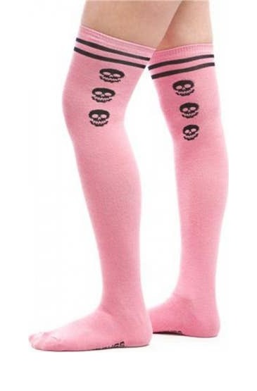Pink & Black Varsity Skull Thigh High Socks