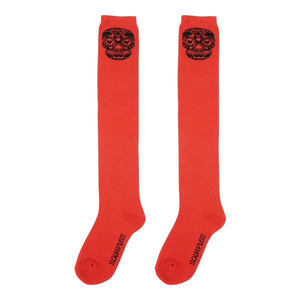 Red & Black Sugar Skull Thigh High Socks